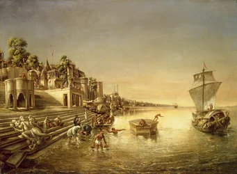 View of Benares with People Bathing and Praying in the Ganges